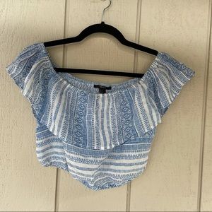 Forever21 Blue White Off Shoulder Grecian Crop Top